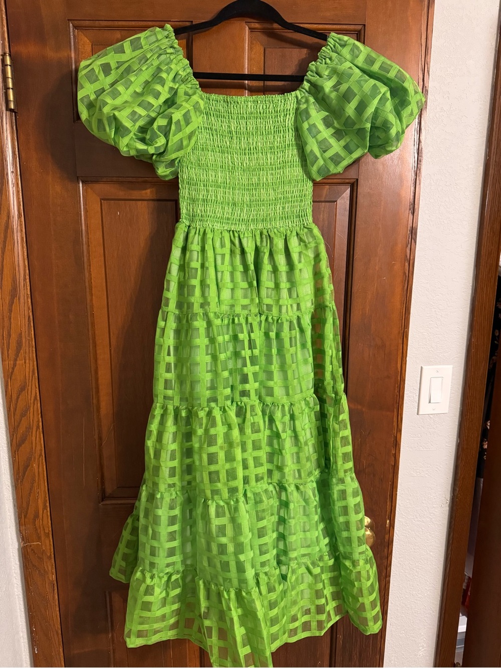 Girls' Lime Green Puff-Sleeve Tiered Dress